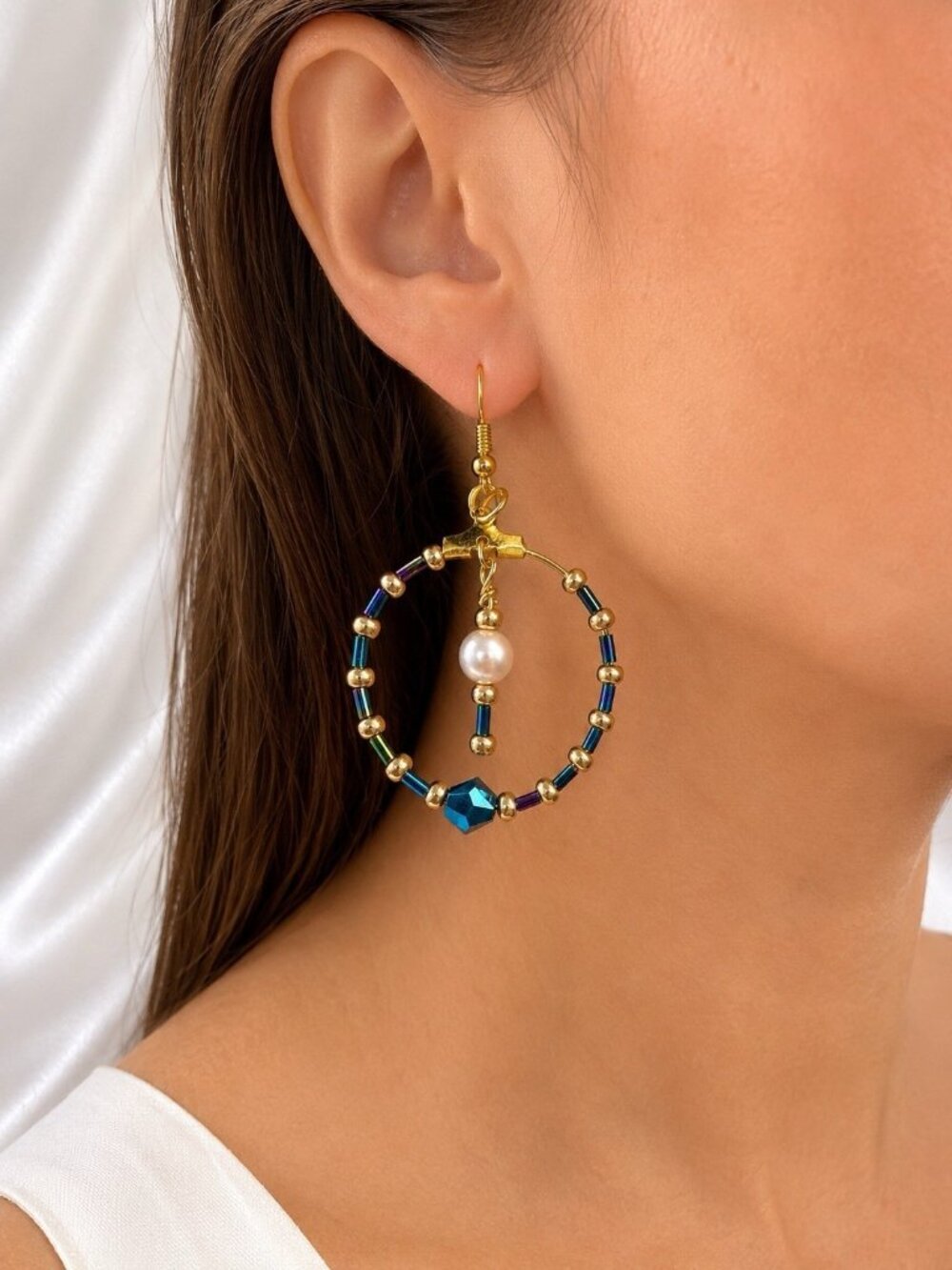 Reimagined Blue Crystal Hoop Earrings 2” Drop Faux Pearl Gold Tone AB NWT